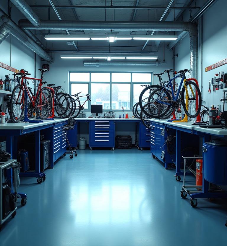 The clean and organized interior of the Ignite Cycles workshop with various tools and bike stands
